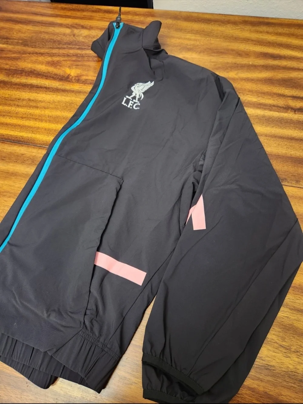 adidas Black Lightweight Liverpool FC Jacket with Teal Zipper and Pink Accents